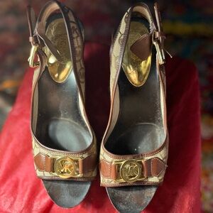 Michael Kors Brown and Gold Peep-Toe Wedge Heels